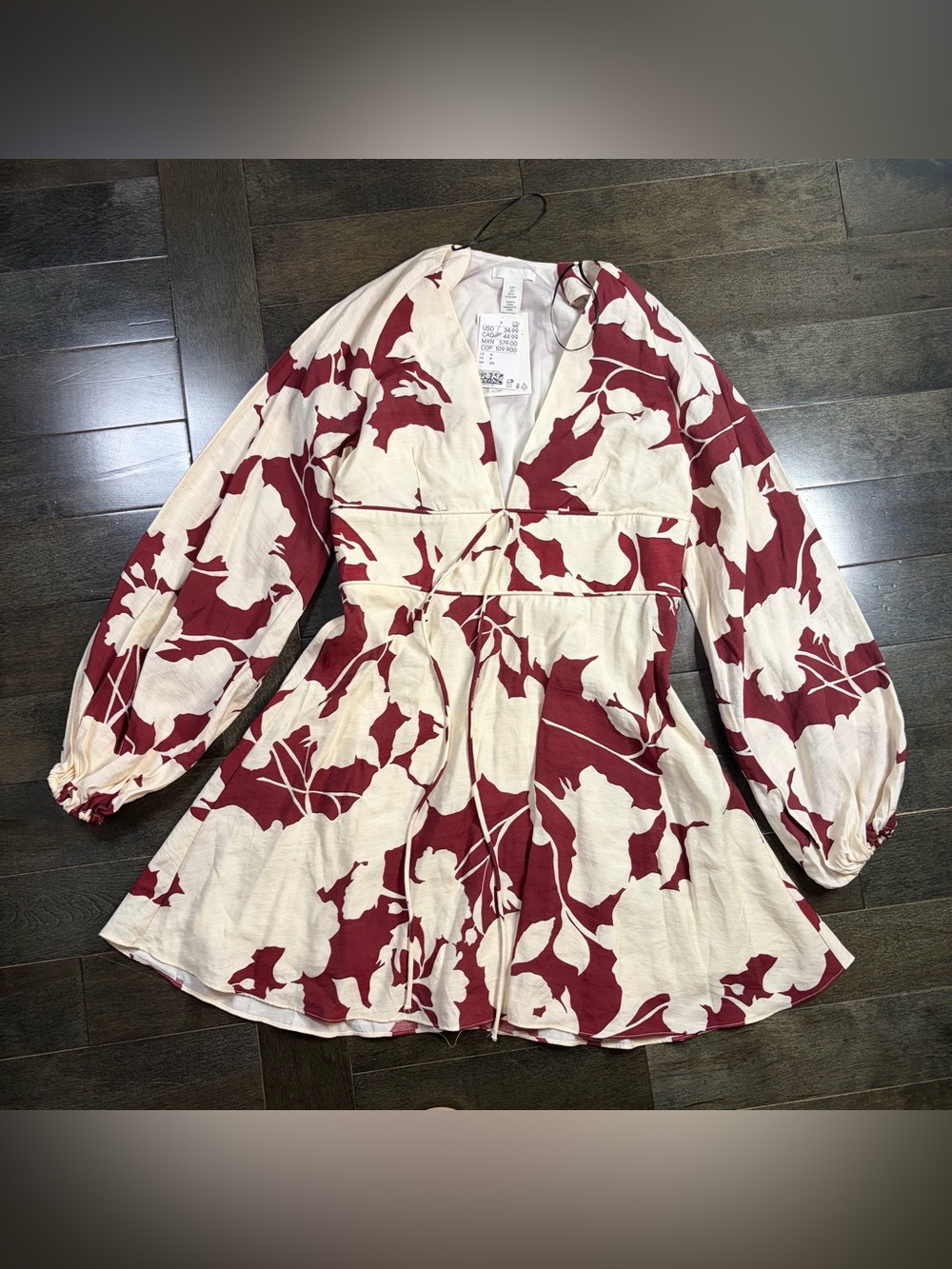 H&M Floral Tie Front Mini Dress Cream Burgundy Long Sleeve Size Small NWT